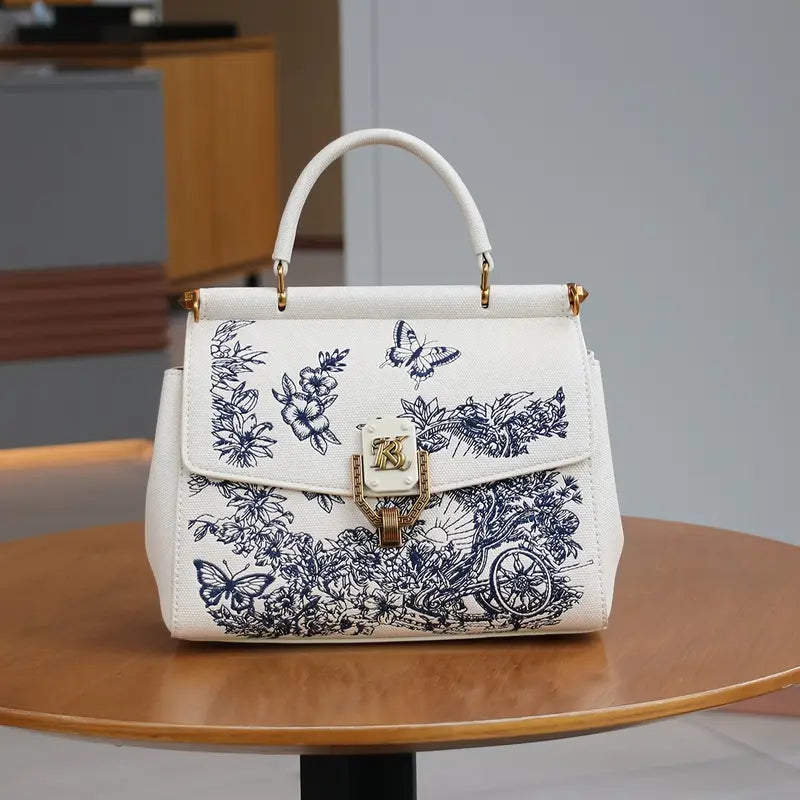 White Floral Embroidered Handbag